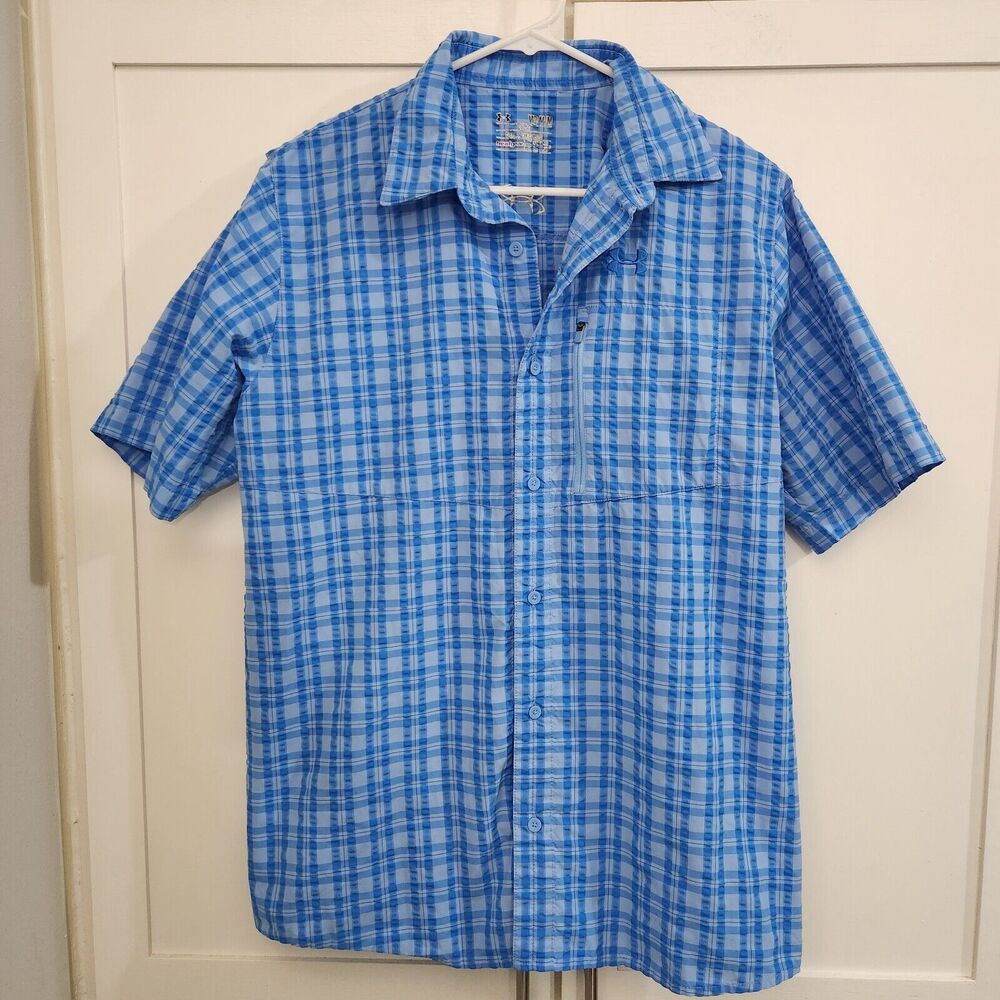 Under Armour Heat Gear Fishing Vented Shirt Mens Button Up Performance Blue Med